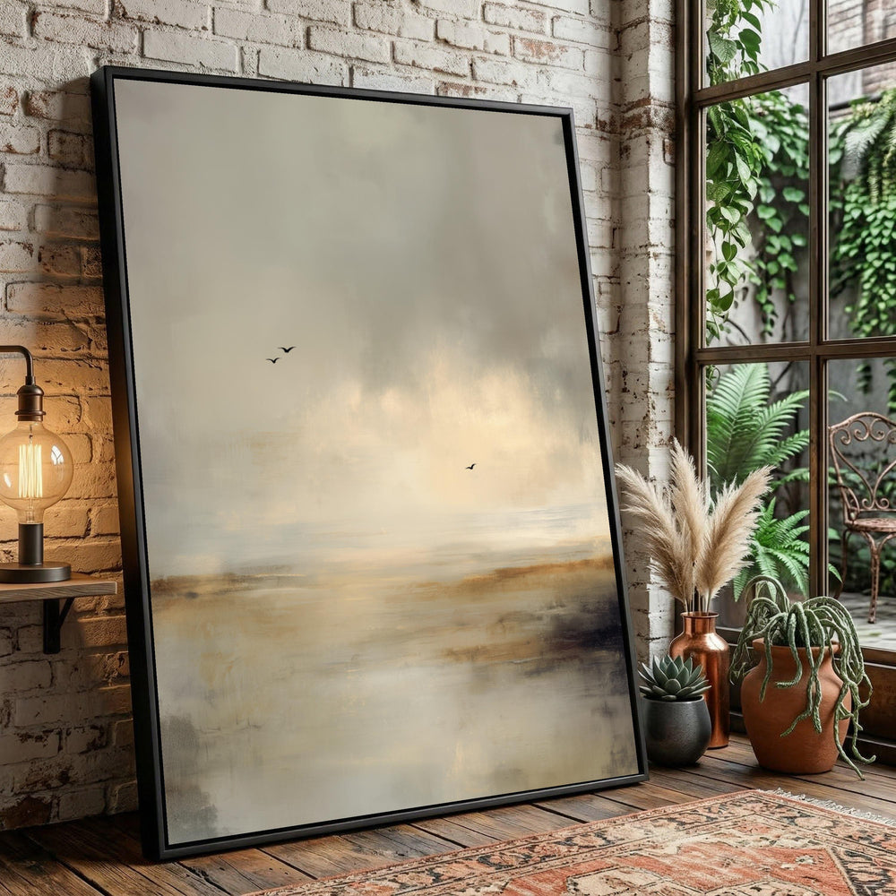 Coastal Mist Canvas, Soft Neutral Landscape Art, Tranquil Beach Scene, Abstract Ocean Wall Decor
