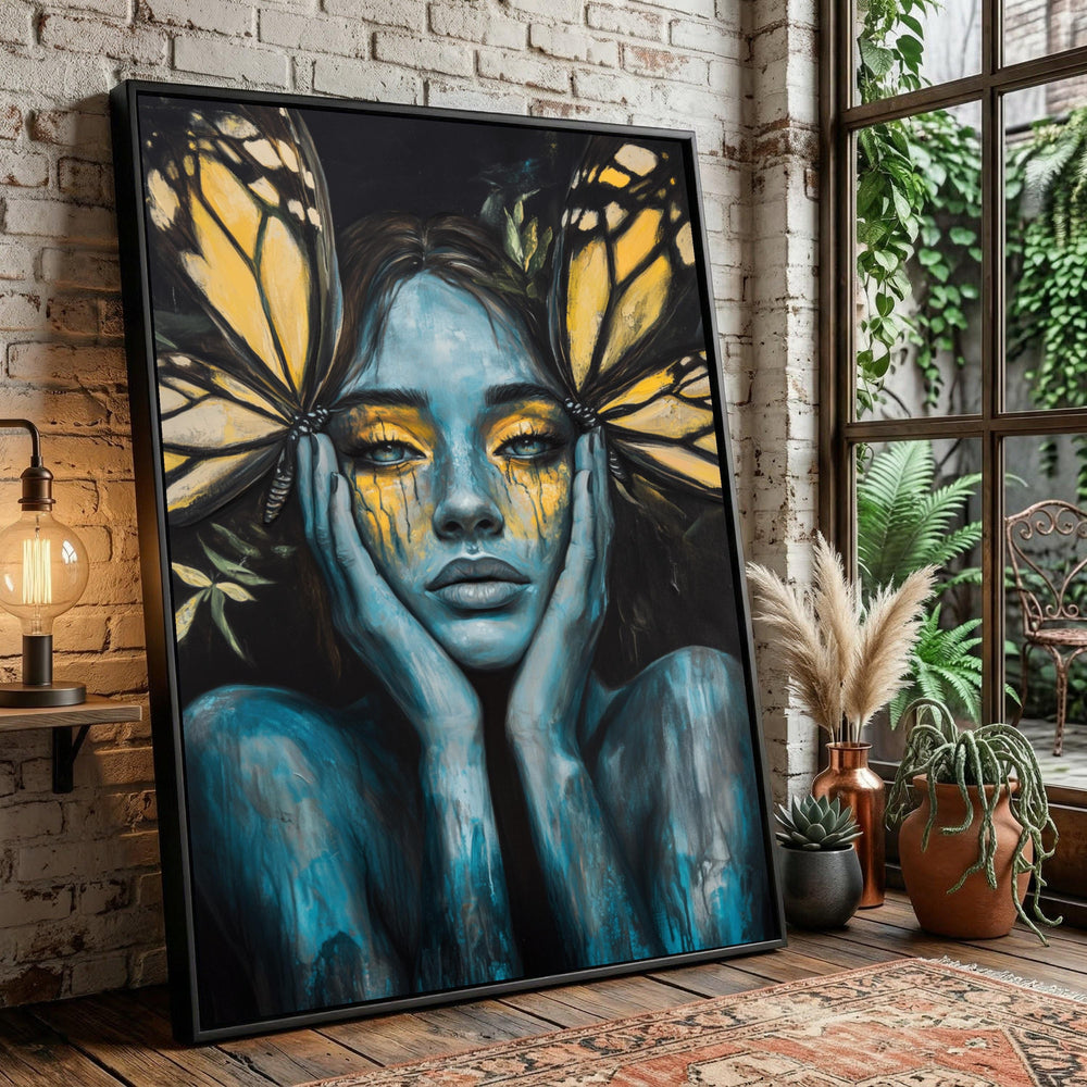 Blue Woman Portrait with Monarch Butterfly Wings Canvas Art, Surreal Nature Wall Decor