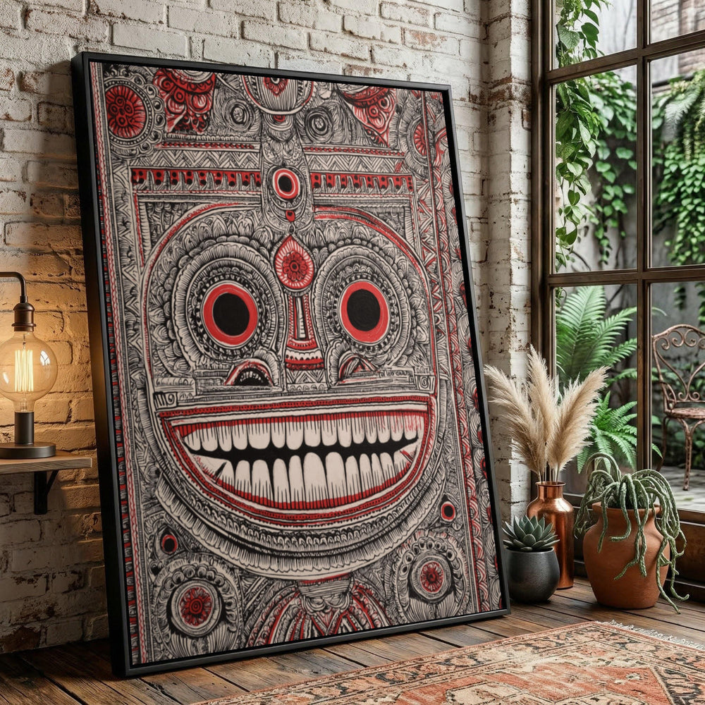 Tribal Abstract Face Canvas Art, Bold Black Red Ethnic Pattern Decor