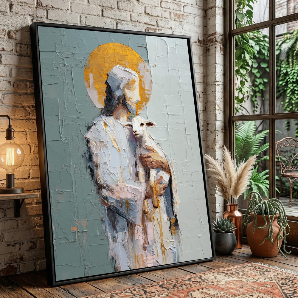 Jesus Holding Lamb Religious Canvas Art, Oil Effect Painting, Spiritual Home Decoration
