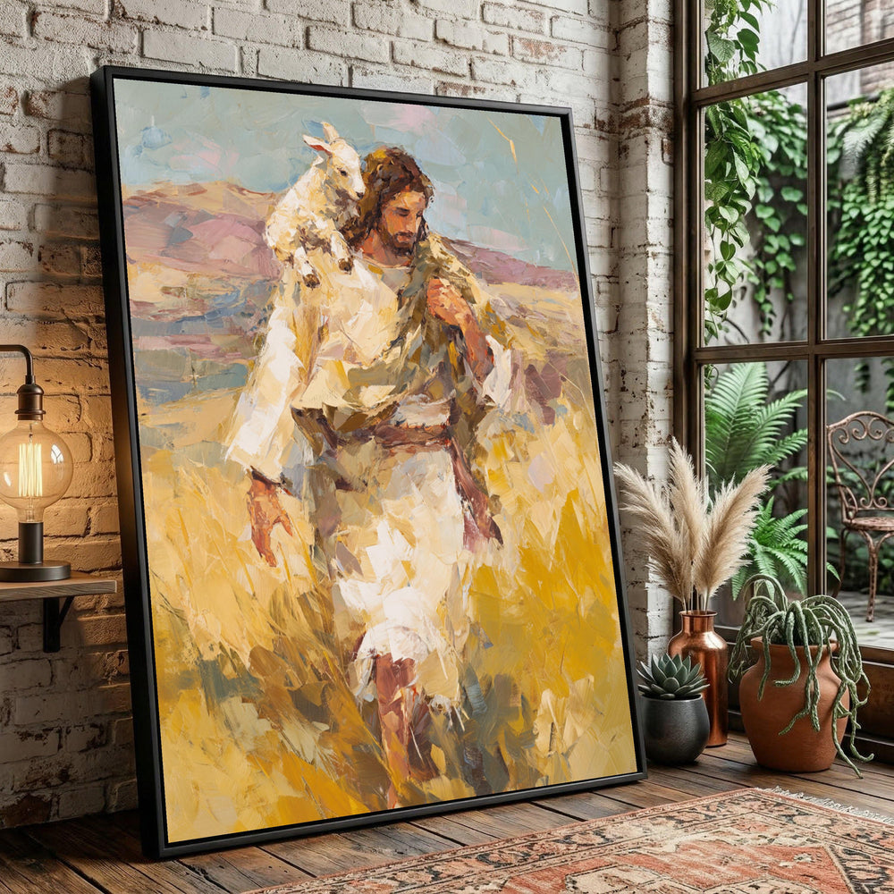 Shepherd Carrying Lamb Religious Canvas Art, Jesus Christ Painting, Spiritual Farm Animal Decor