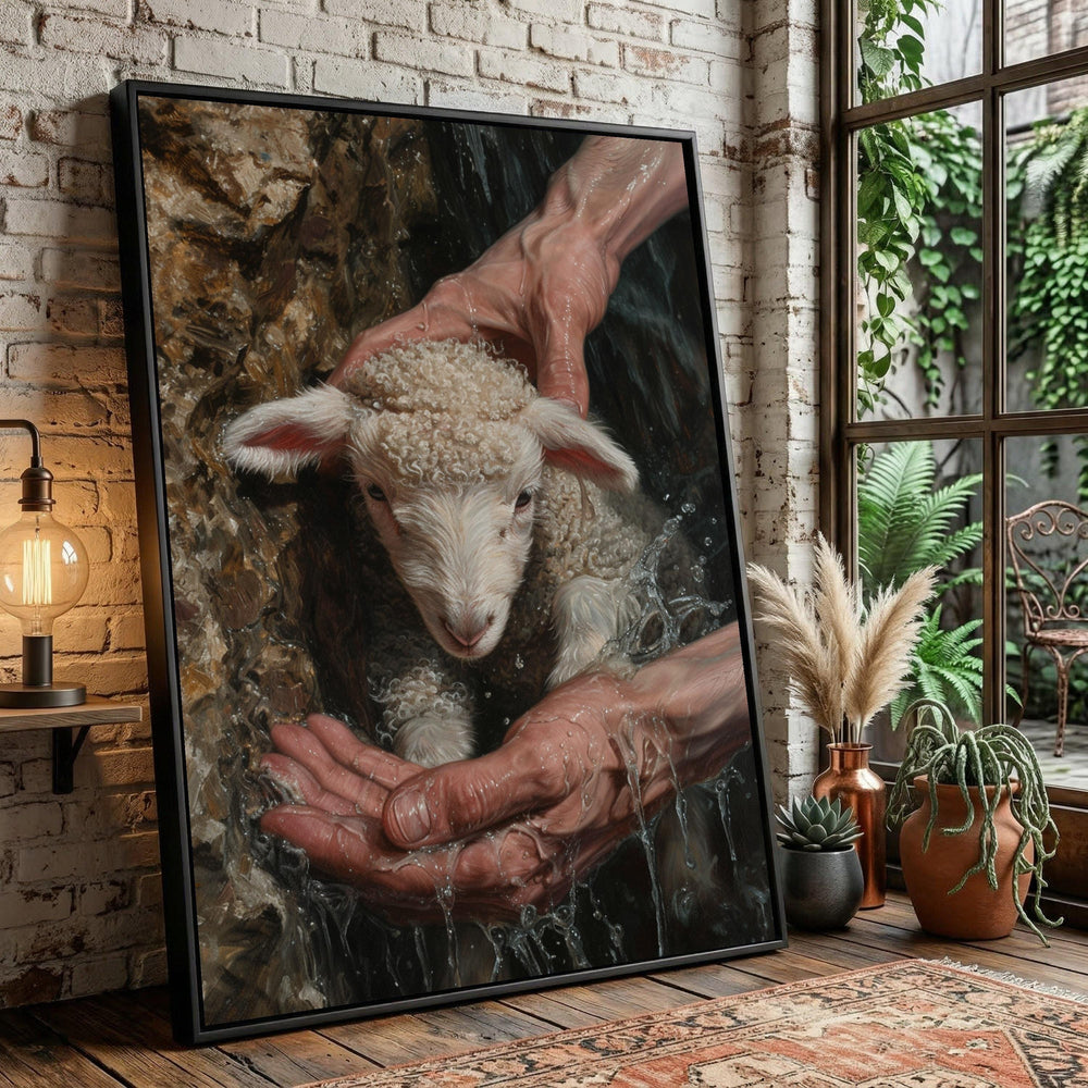 Tender Lamb Realistic Farm Animal Canvas Art, Water Splashing Nature Decor