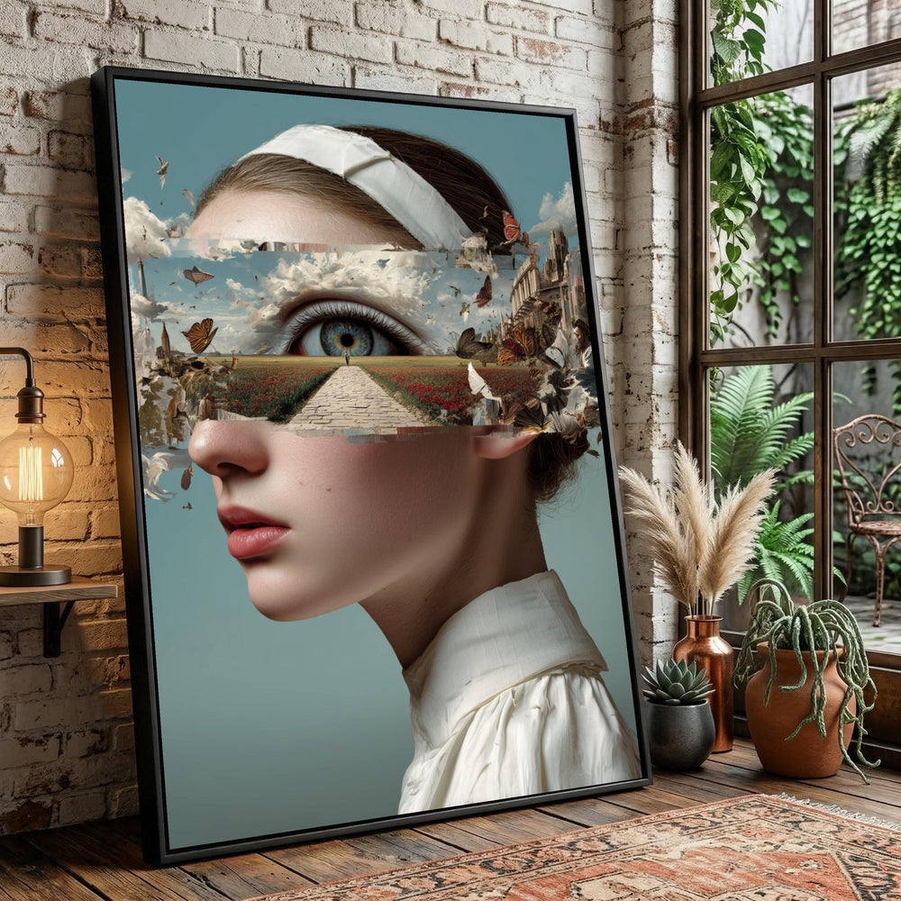 Surreal Woman Portrait Canvas, Fantasy Landscape Eye Art, Butterfly Nature Scene Wall Decor