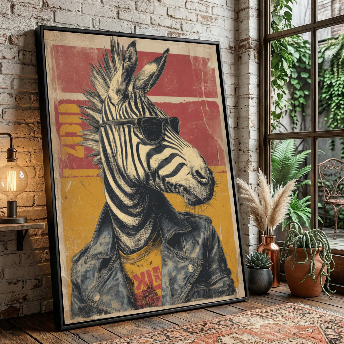 Zebra Portrait Canvas Wall Art, Retro Animal Illustration, Sunglasses Leather Jacket Design