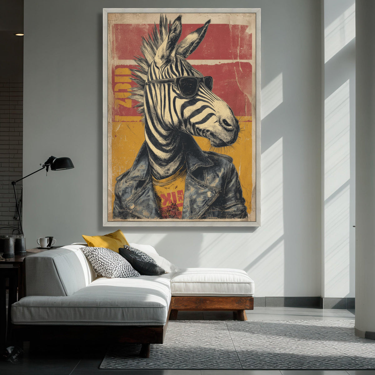Zebra Portrait Canvas Wall Art, Retro Animal Illustration, Sunglasses Leather Jacket Design