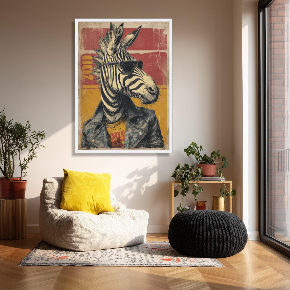 Zebra Portrait Canvas Wall Art, Retro Animal Illustration, Sunglasses Leather Jacket Design