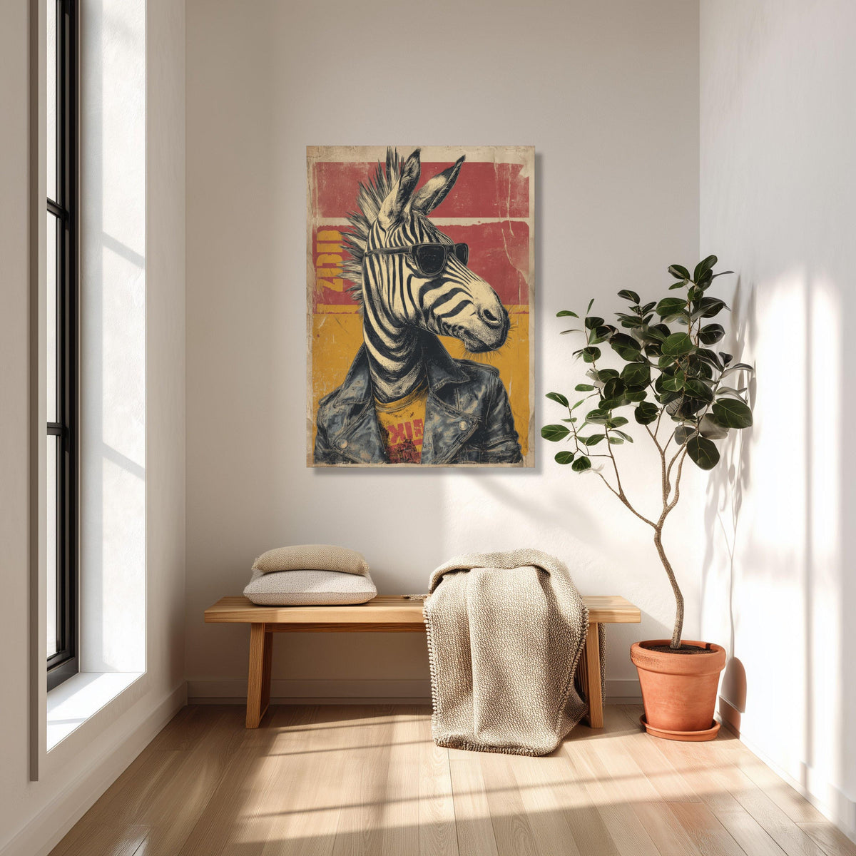 Zebra Portrait Canvas Wall Art, Retro Animal Illustration, Sunglasses Leather Jacket Design