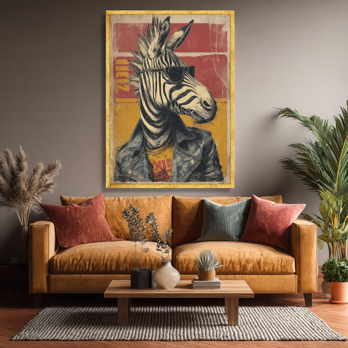 Zebra Portrait Canvas Wall Art, Retro Animal Illustration, Sunglasses Leather Jacket Design