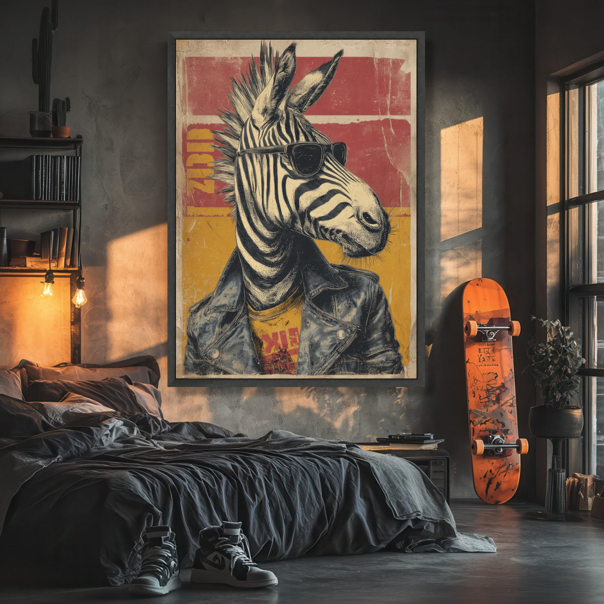 Zebra Portrait Canvas Wall Art, Retro Animal Illustration, Sunglasses Leather Jacket Design