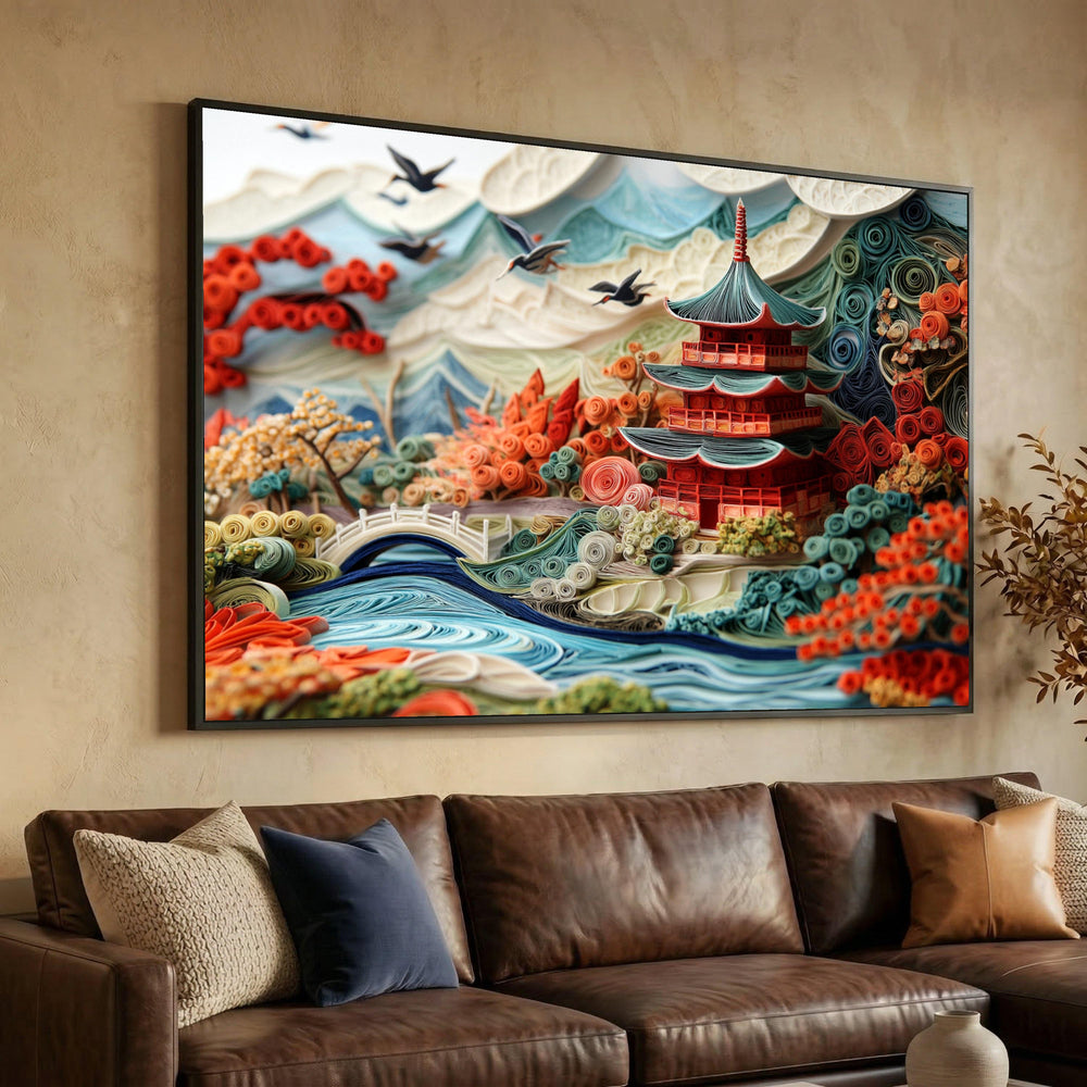 Traditional Japanese Pagoda Quilling Art Canvas, Oriental Landscape Wall Decor