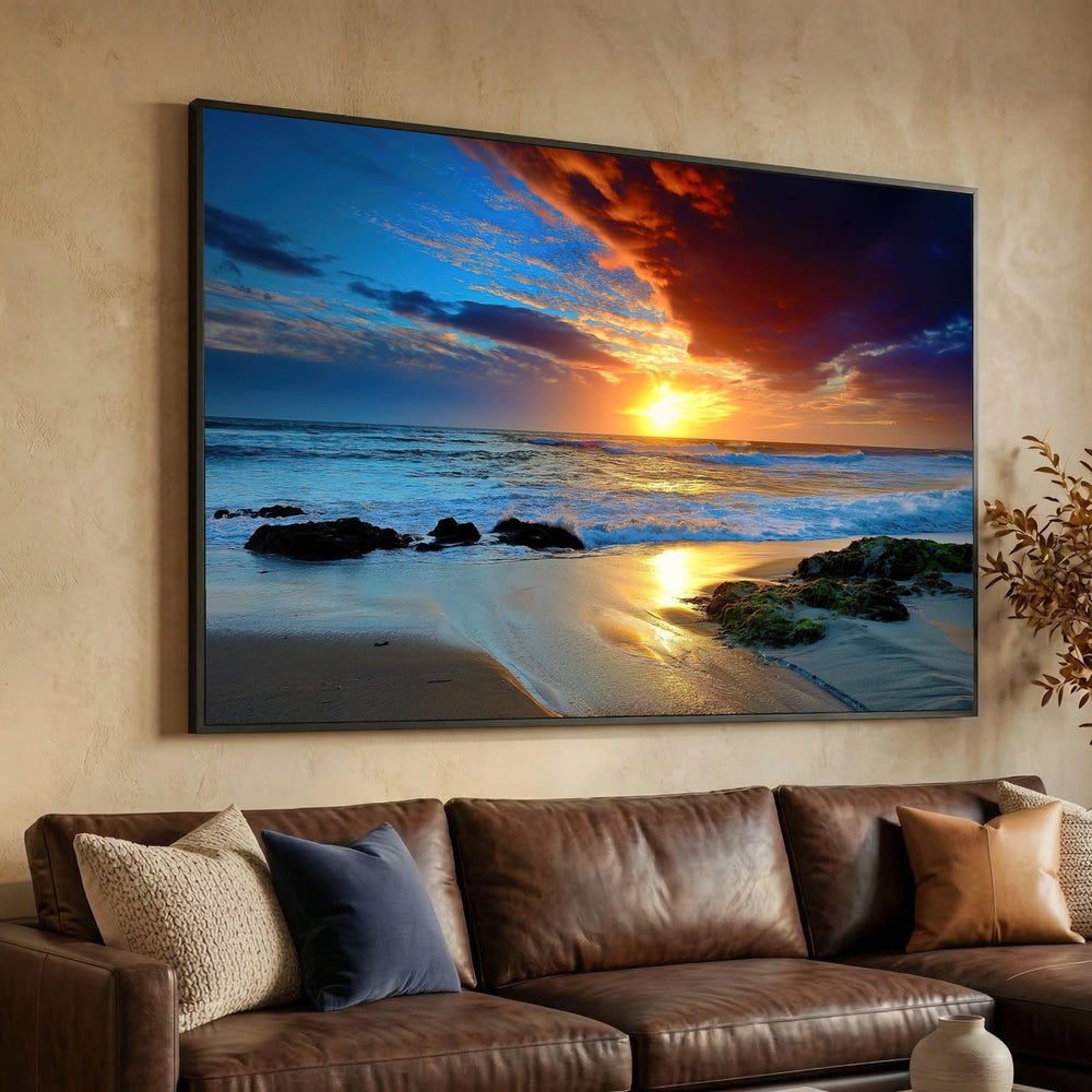 Vibrant Ocean Sunrise Canvas Print, Coastal Beach Wall Art, Sea Waves Landscape Decor