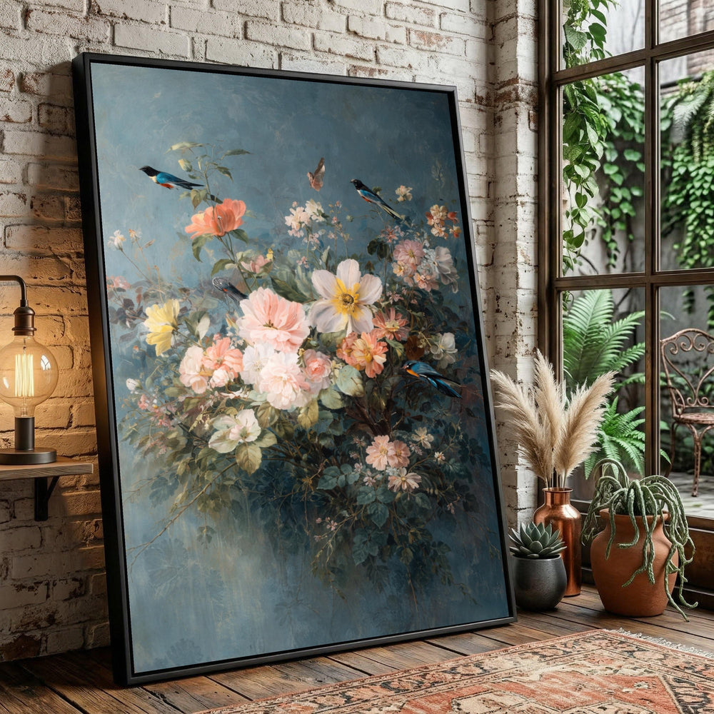 Vintage Floral Canvas Art, Birds Butterflies Painting, Romantic Garden Decor