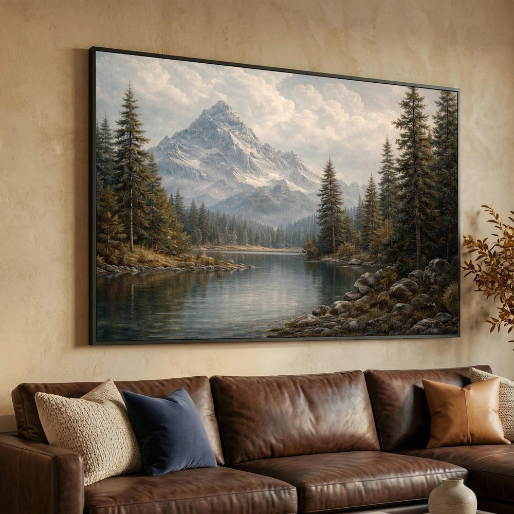 Majestic Snowy Mountain Landscape Canvas Print, Pine Forest Lake Scene, Rustic Cabin Decor