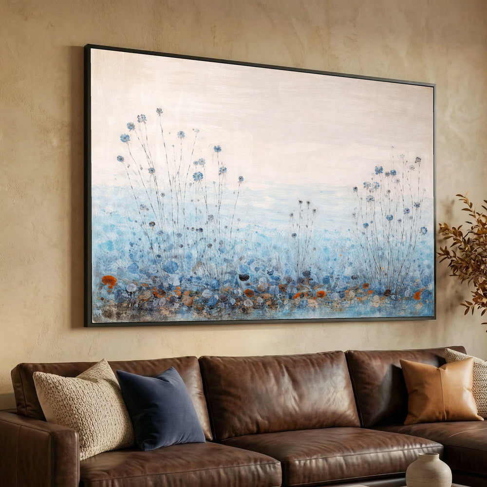 Soft Blue Floral Meadow Canvas Art, Abstract Wildflowers Wall Painting, Tranquil Nature Decor