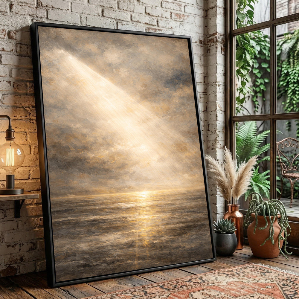 Golden Sunbeam Ocean Canvas, Serene Seascape Wall Art, Tranquil Coastal Decor