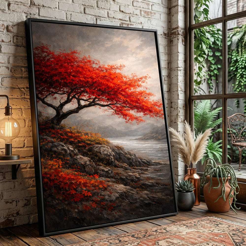 Vibrant Red Maple Tree Canvas Art, Autumn Landscape Painting, Rocky Shoreline Nature Decor