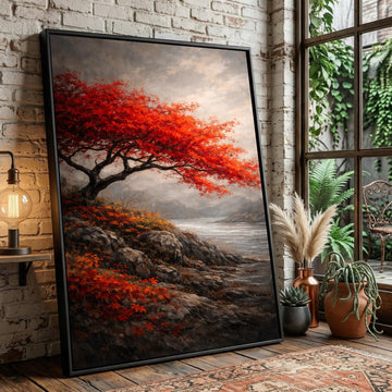 Vibrant Red Maple Tree Canvas Art, Autumn Landscape Painting, Rocky Shoreline Nature Decor