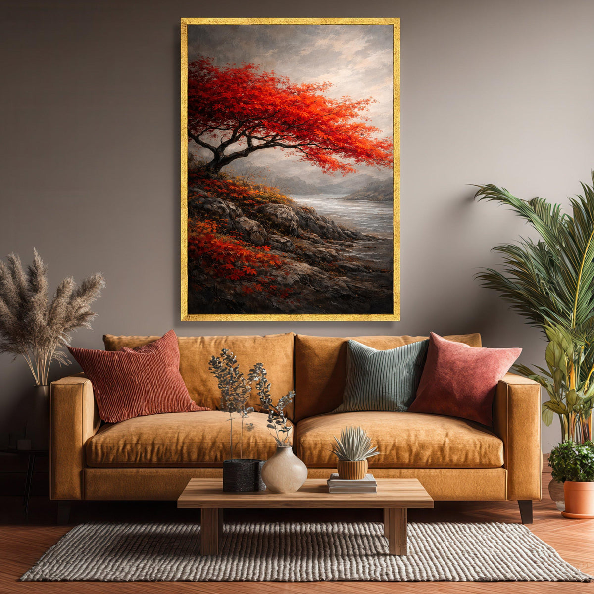 Vibrant Red Maple Tree Canvas Art, Autumn Landscape Painting, Rocky Shoreline Nature Decor