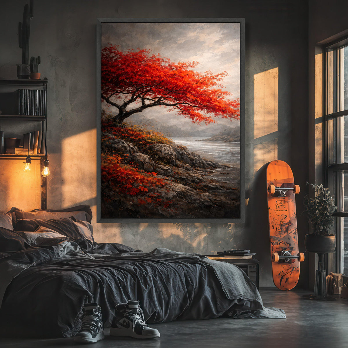 Vibrant Red Maple Tree Canvas Art, Autumn Landscape Painting, Rocky Shoreline Nature Decor