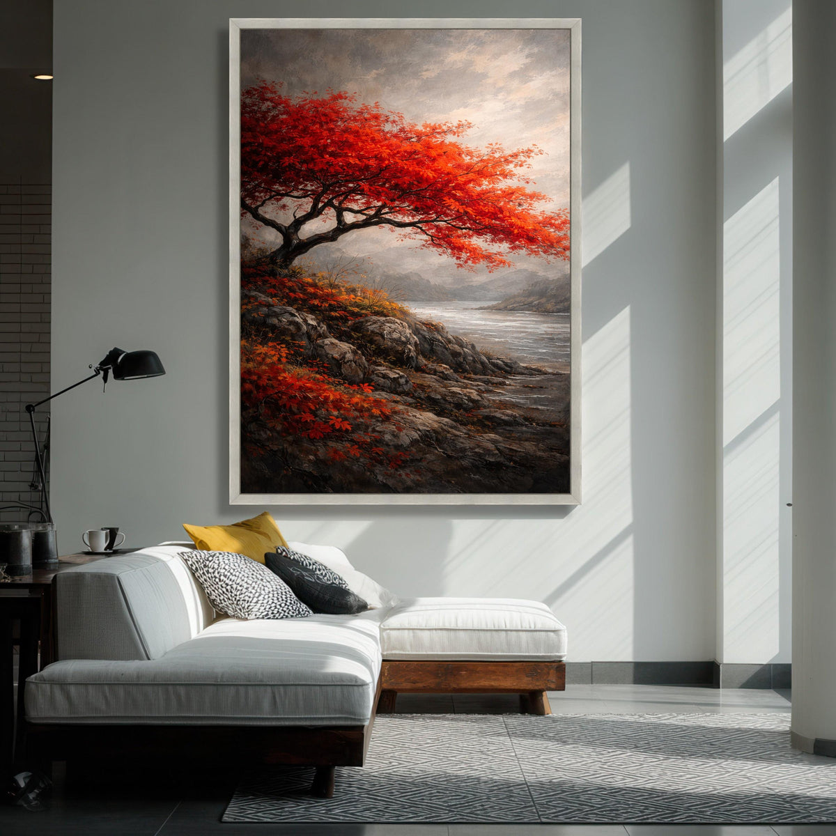 Vibrant Red Maple Tree Canvas Art, Autumn Landscape Painting, Rocky Shoreline Nature Decor