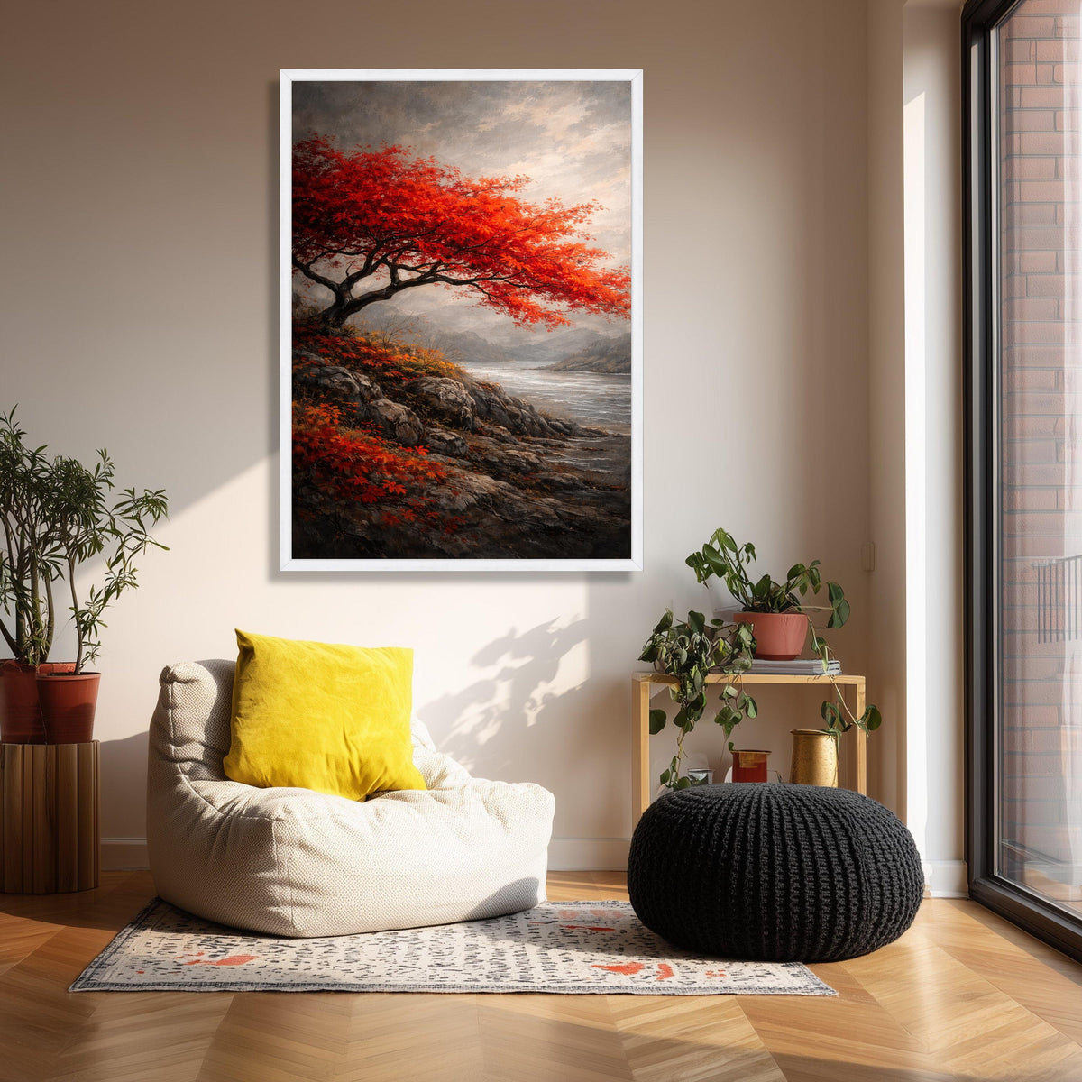 Vibrant Red Maple Tree Canvas Art, Autumn Landscape Painting, Rocky Shoreline Nature Decor