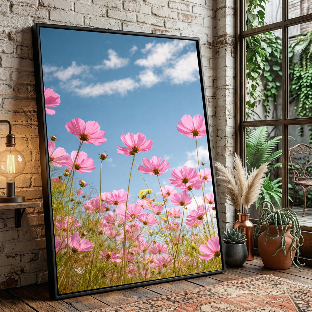 Pink Cosmos Flowers Canvas Art, Blue Sky Floral Wall Print, Spring Garden Decoration