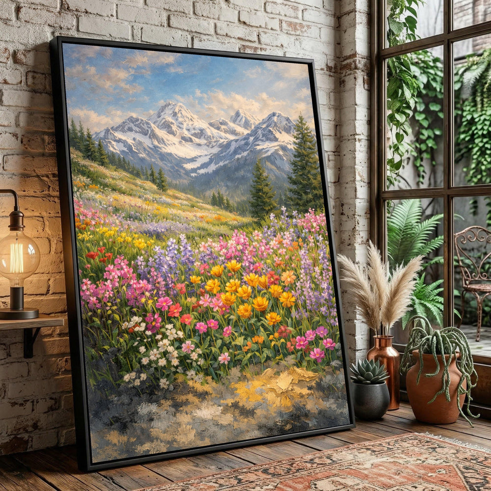 Vibrant Wildflower Meadow Snowy Mountain Canvas Art, Colorful Floral Landscape Decor