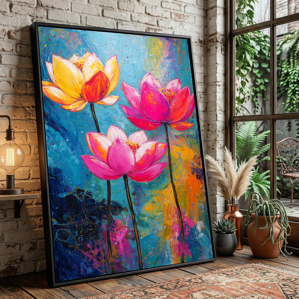 Vibrant Lotus Flowers Canvas Art, Abstract Floral Painting, Modern Home Décor