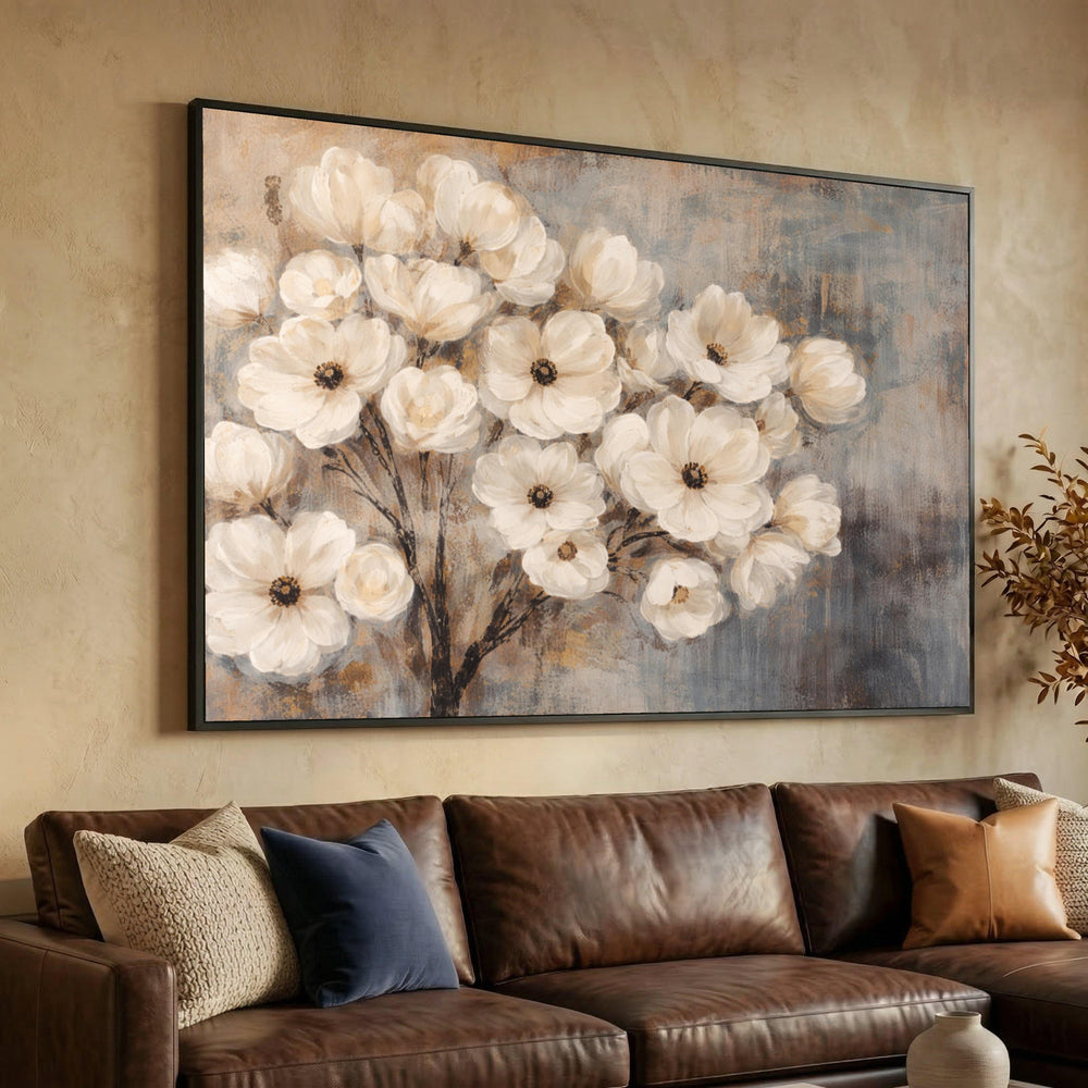 White Floral Bouquet Canvas Art, Vintage Flower Painting, Rustic Nature Decor