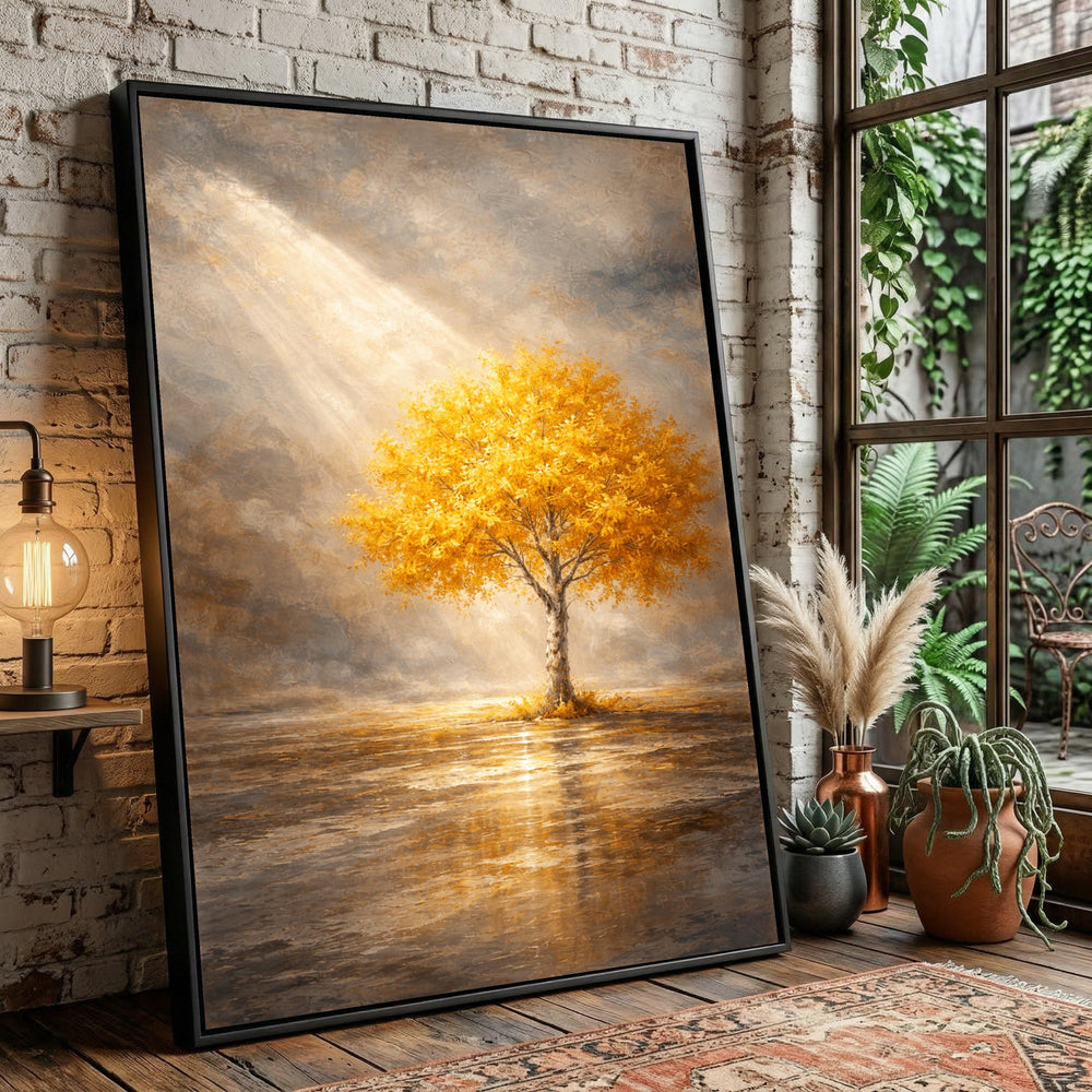 Golden Yellow Tree Canvas, Autumn Sunlight Reflection Landscape Painting, Nature Home Decor