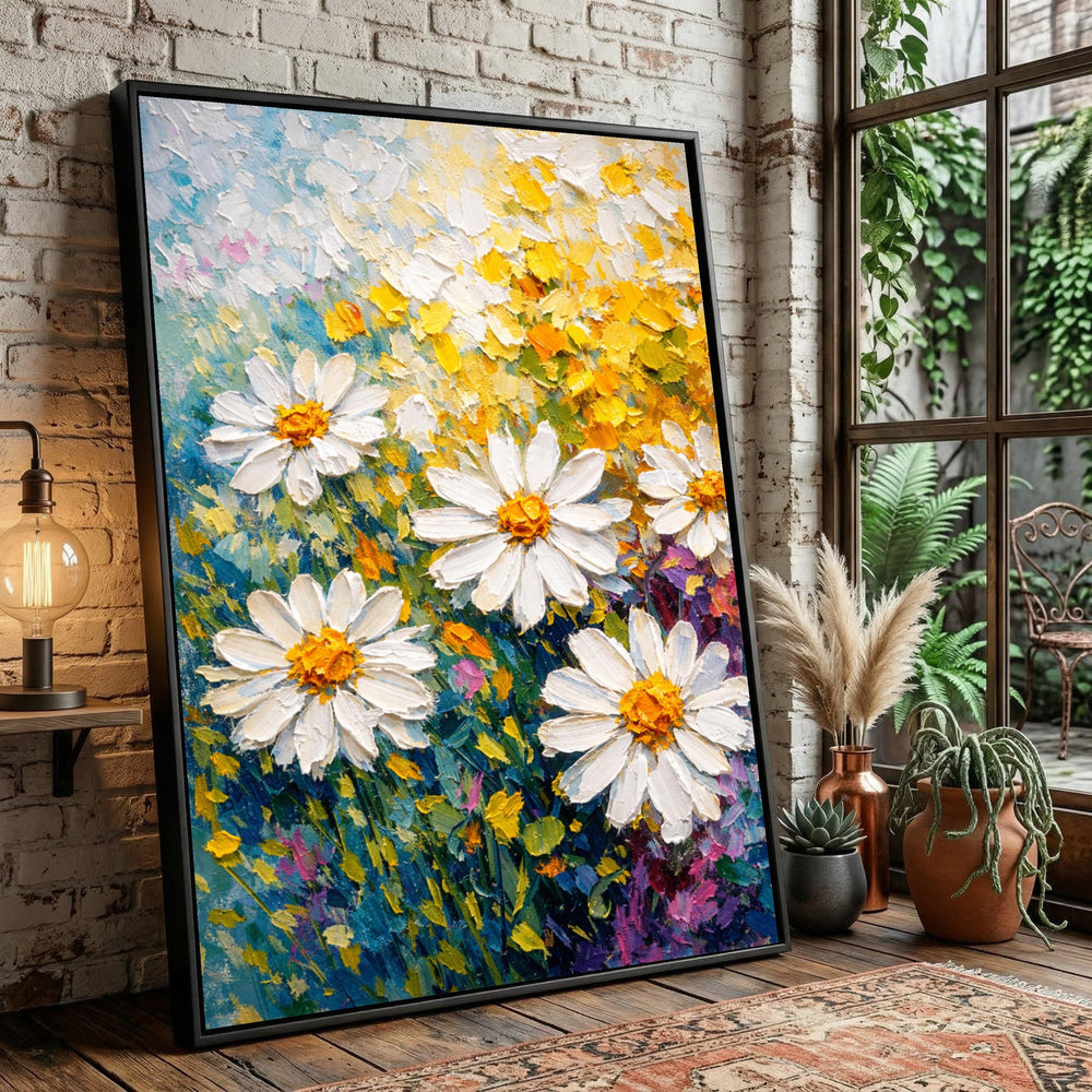 Bright Daisy Field Oil Painting Canvas Art, Colorful Spring Wildflowers Home Decoration