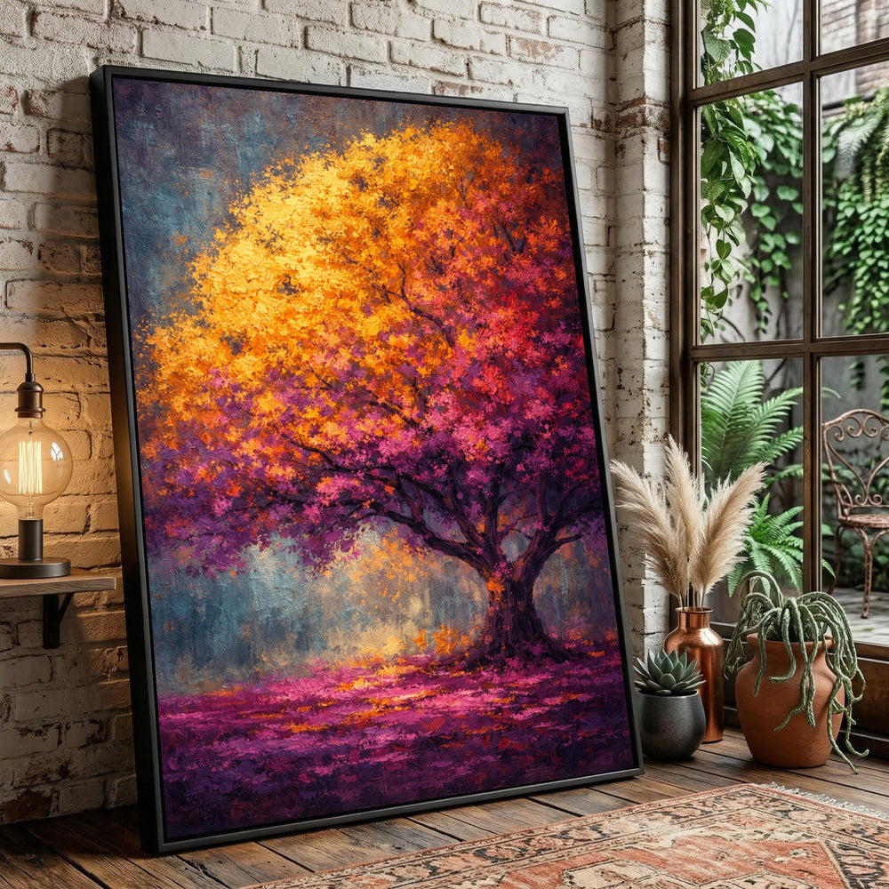 Vibrant Autumn Tree Canvas Art, Colorful Landscape Painting, Modern Nature Decor