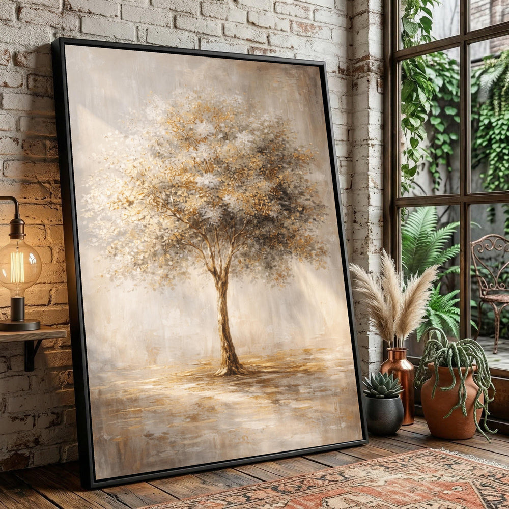 Golden Tree Abstract Canvas Art, Neutral Tones Nature Painting, Modern Living Room Décor