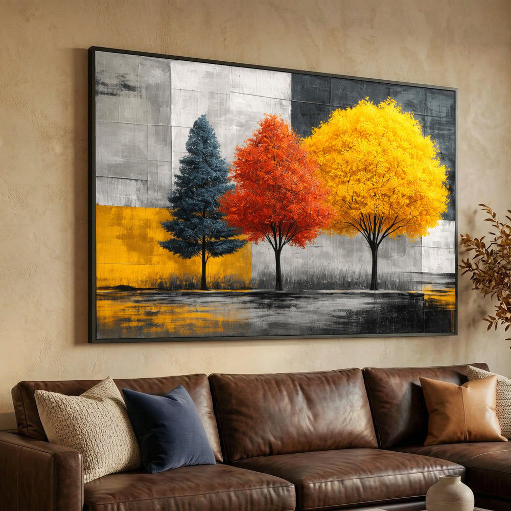 Colorful Trio Trees Canvas Wall Art, Modern Landscape Painting, Vibrant Seasonal Decor