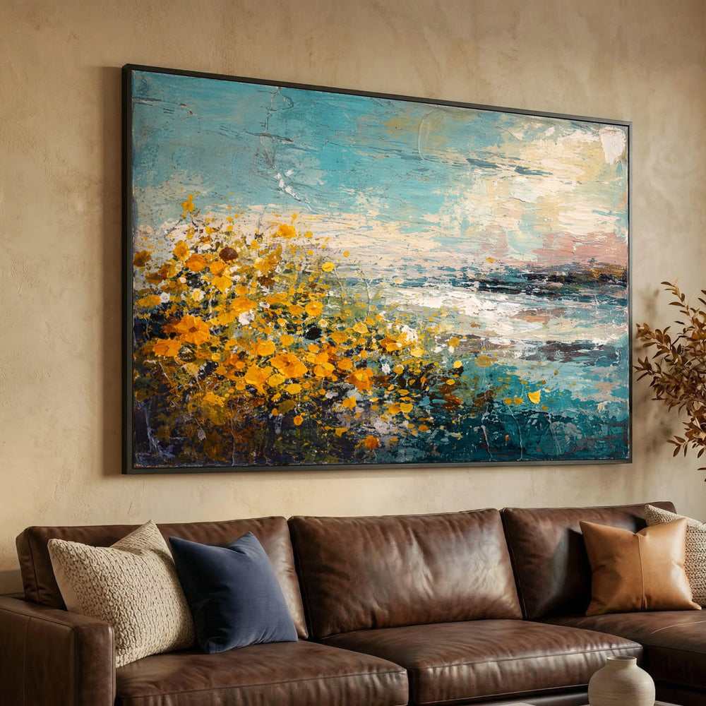 Abstract Floral Meadow Canvas Art, Yellow Wildflowers Painting, Nature Landscape Home Decor