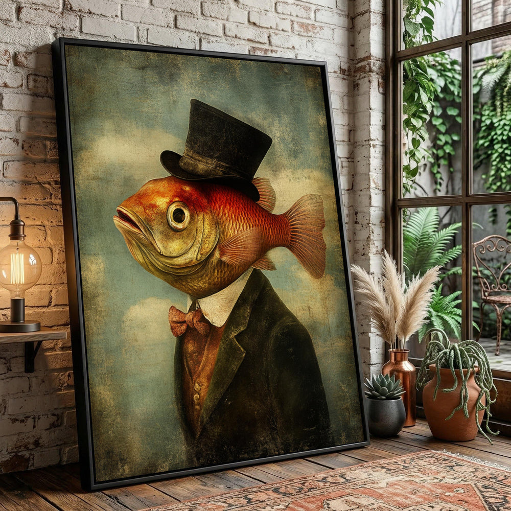 Vintage Fish Portrait Canvas, Surreal Gentleman Goldfish Art, Quirky Victorian Style Home Decor