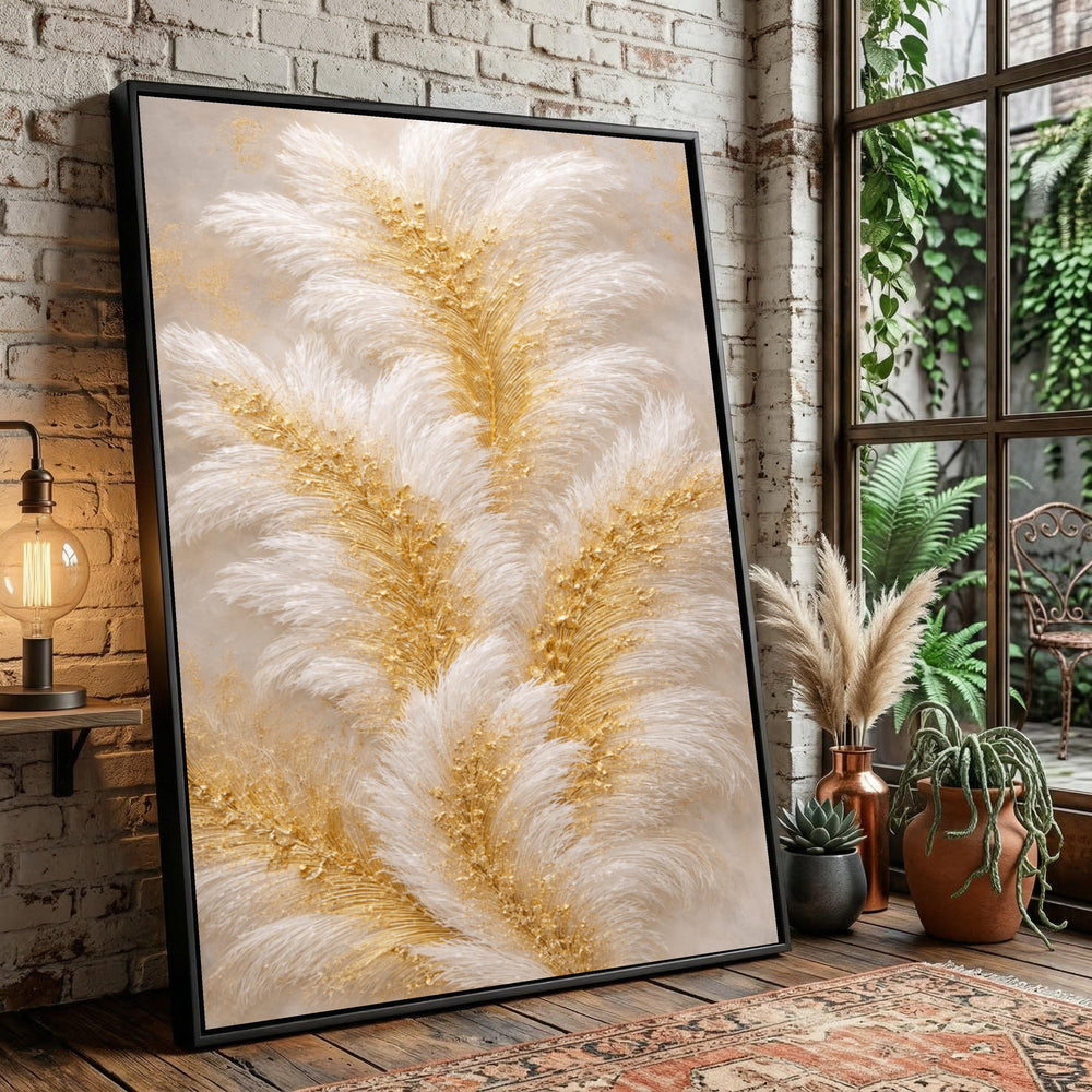 Gold White Feather Abstract Canvas Art, Luxury Living Room Wall Decor