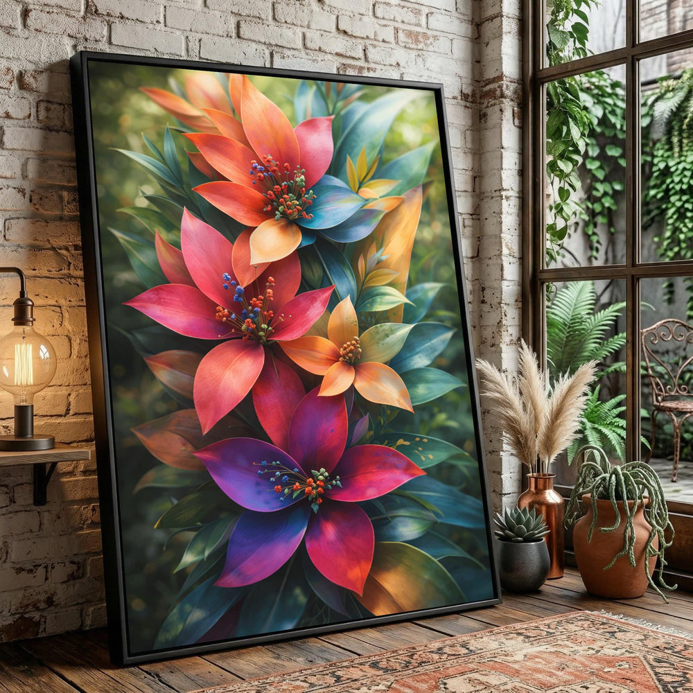 Vibrant Multicolor Floral Canvas Art, Abstract Botanical Wall Print, Ready to Hang Home Decoration