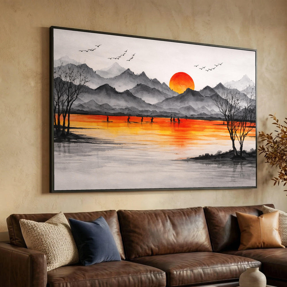 Asian Landscape Canvas Print, Tranquil Sunset Mountain Silhouette Wall Art