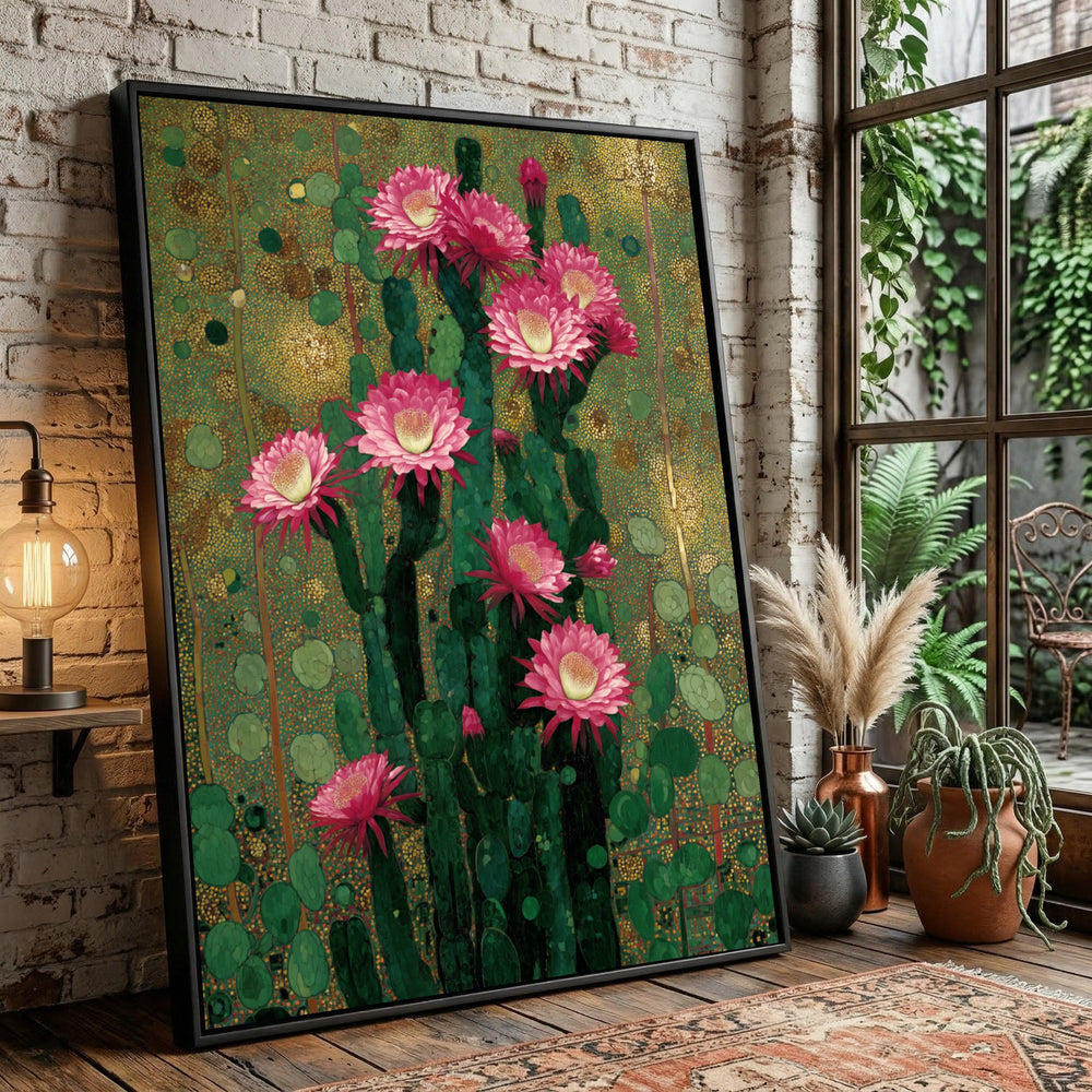 Vibrant Cactus Bloom Canvas Print, Pink Desert Flowers Botanical Wall Art