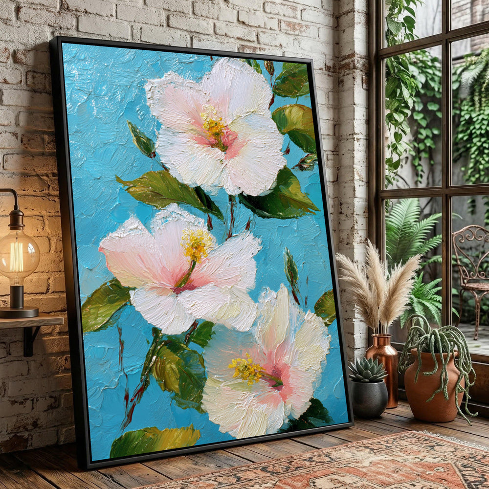 White Hibiscus Floral Canvas Art, Tropical Botanical Painting, Vibrant Blue Background Home Decor