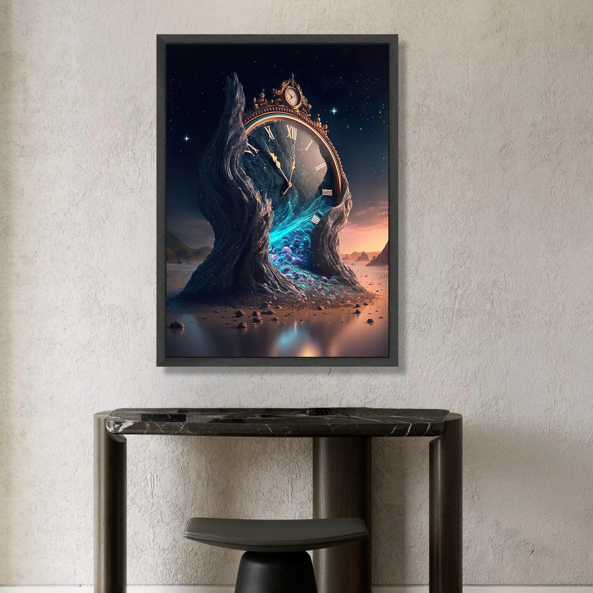 Surreal Melting Clock Canvas, Fantasy Timepiece Wall Art, Dreamscape Landscape Canvas, Mystical Night Scene Decoration Canvas Print Art