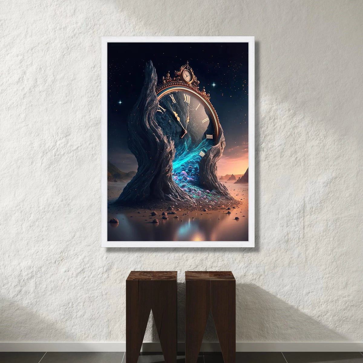 Surreal Melting Clock Canvas, Fantasy Timepiece Wall Art, Dreamscape Landscape Canvas, Mystical Night Scene Decoration Canvas Print Art