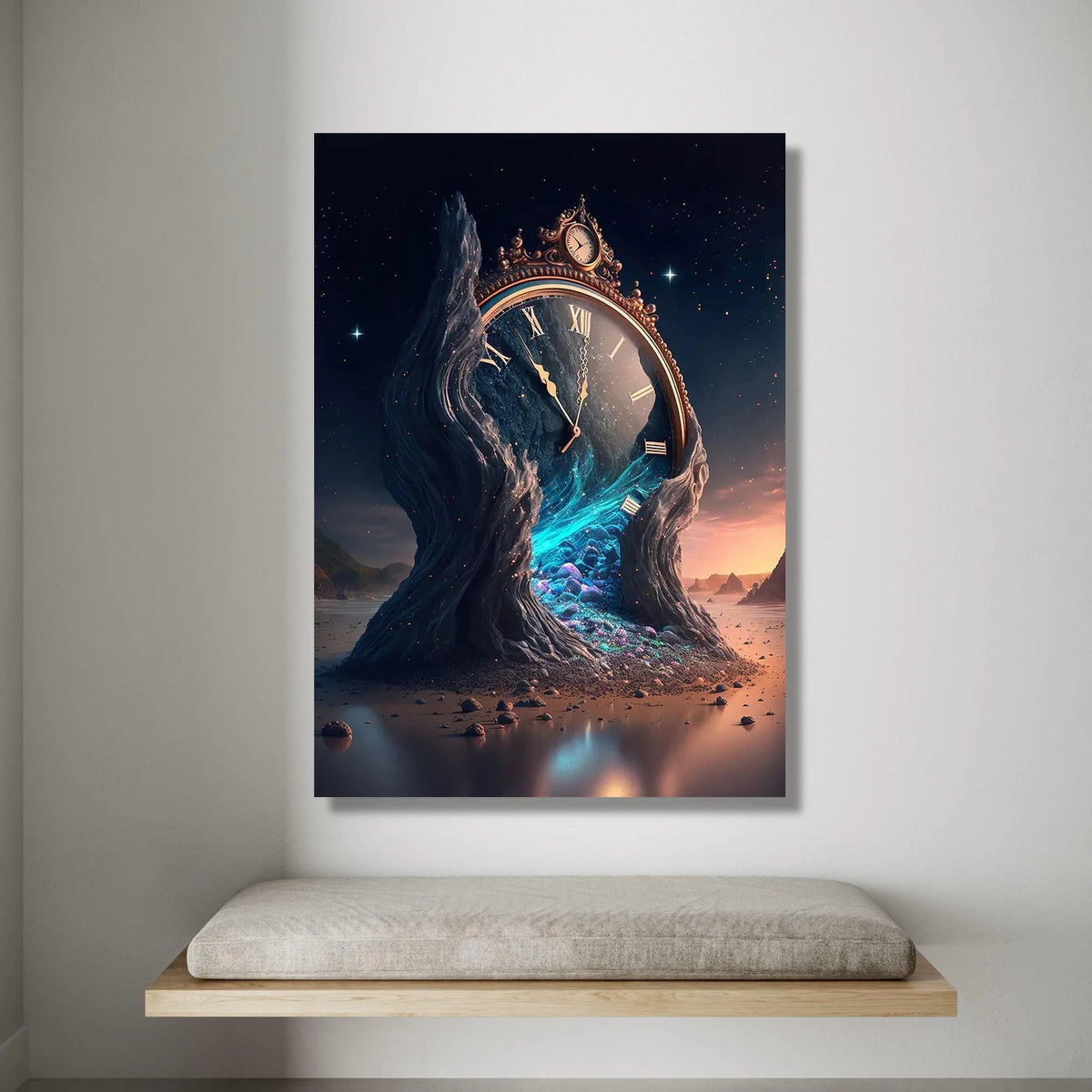Surreal Melting Clock Canvas, Fantasy Timepiece Wall Art, Dreamscape Landscape Canvas, Mystical Night Scene Decoration Canvas Print Art