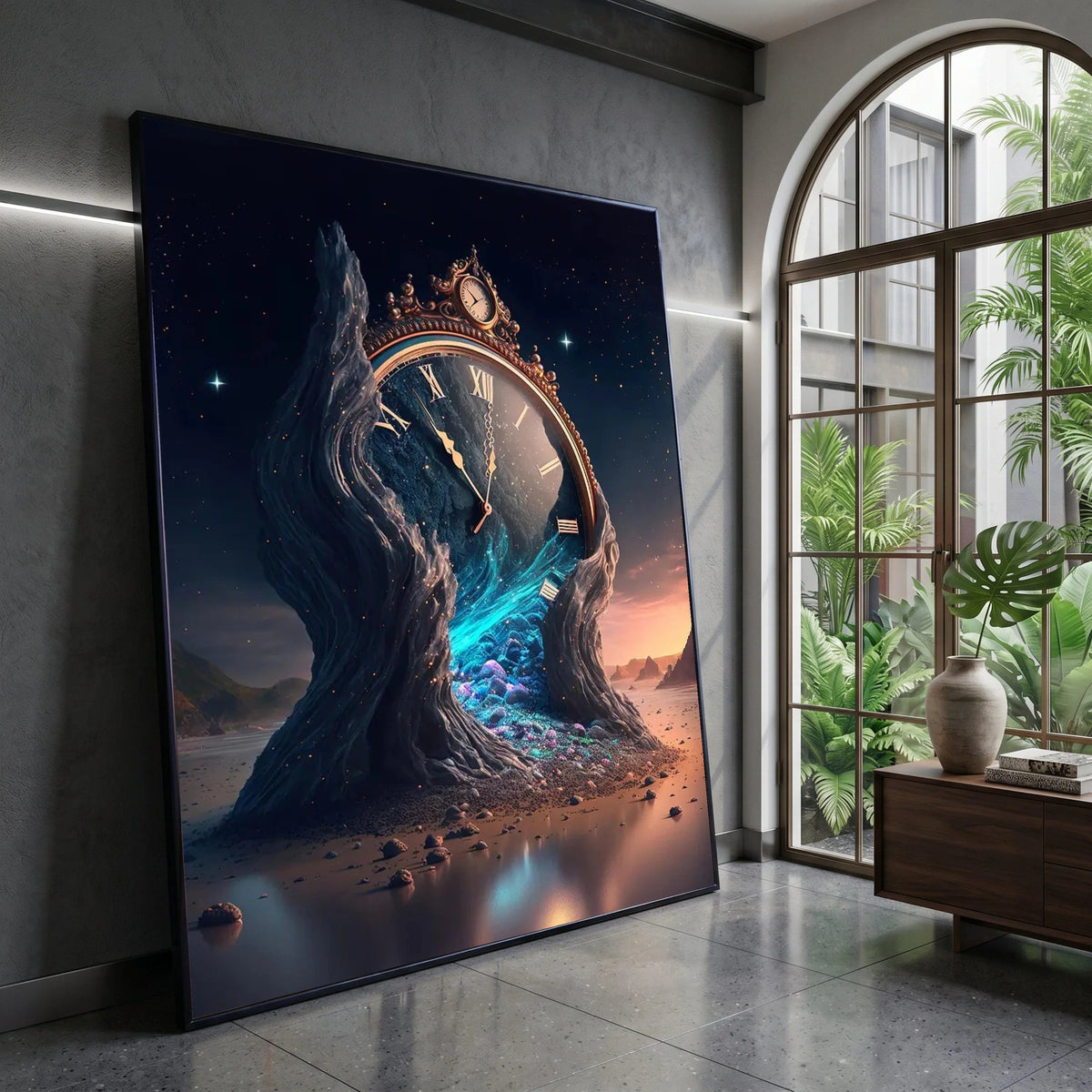 Surreal Melting Clock Canvas, Fantasy Timepiece Wall Art, Dreamscape Landscape Canvas, Mystical Night Scene Decoration Canvas Print Art