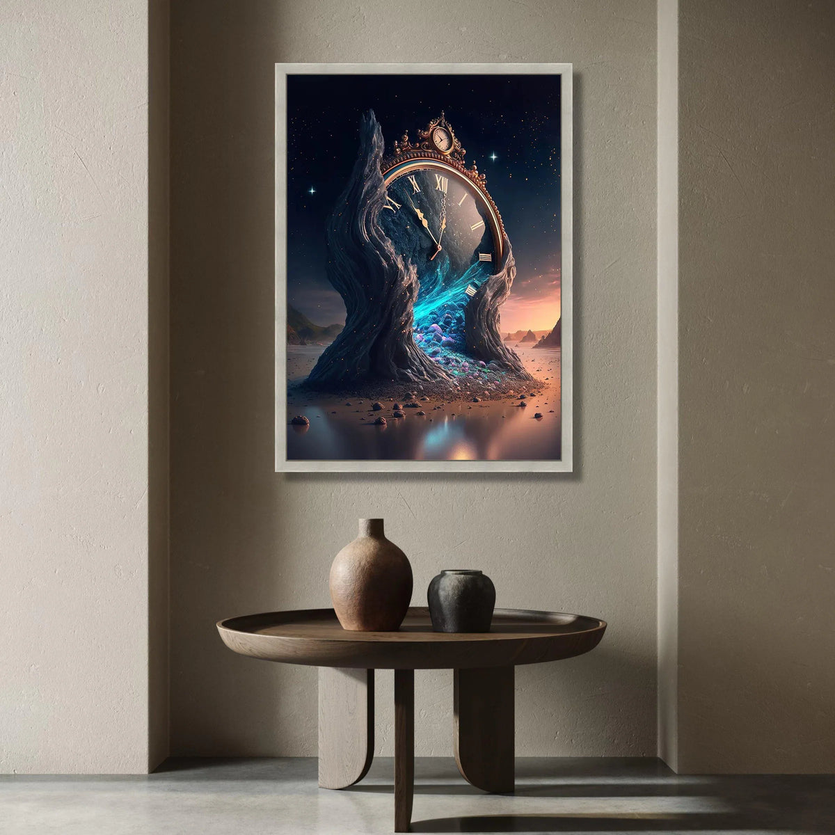 Surreal Melting Clock Canvas, Fantasy Timepiece Wall Art, Dreamscape Landscape Canvas, Mystical Night Scene Decoration Canvas Print Art