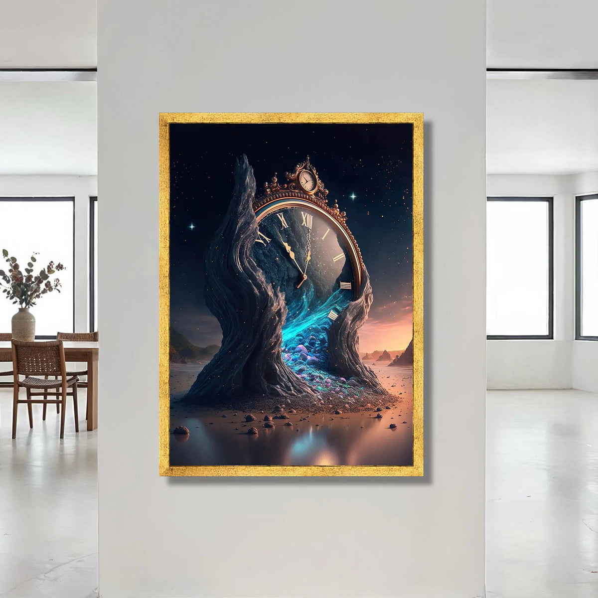 Surreal Melting Clock Canvas, Fantasy Timepiece Wall Art, Dreamscape Landscape Canvas, Mystical Night Scene Decoration Canvas Print Art