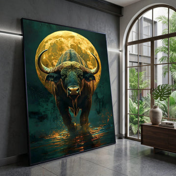 Majestic Buffalo with Full Moon Canvas, Wildlife Wall Art, Nature Animal Canvas, Bold Animal Portrait, Rustic Home Canvas Print Art