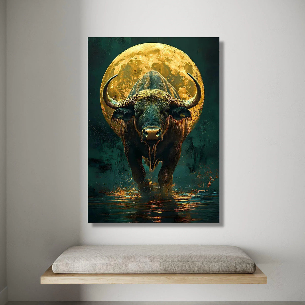 Majestic Buffalo with Full Moon Canvas, Wildlife Wall Art, Nature Animal Canvas, Bold Animal Portrait, Rustic Home Canvas Print Art