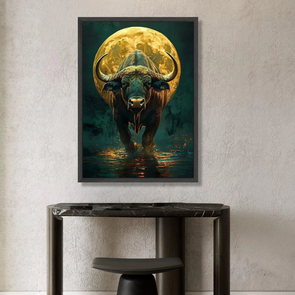 Majestic Buffalo with Full Moon Canvas, Wildlife Wall Art, Nature Animal Canvas, Bold Animal Portrait, Rustic Home Canvas Print Art